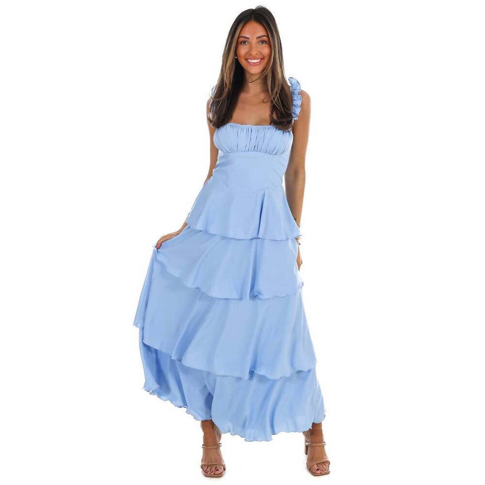 NEW ONE & ONLY flutter away ruffle tiered dress in baby blue